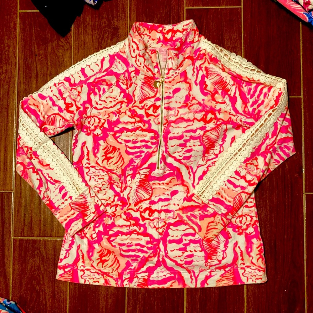 Lilly Pulitzer hot neon pink Skipper Popover with lace sleeve detail EUC